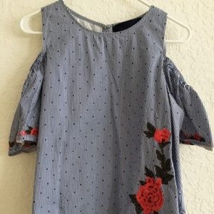 Blue Polka Dot Off-Shoulder Cotton Blouse